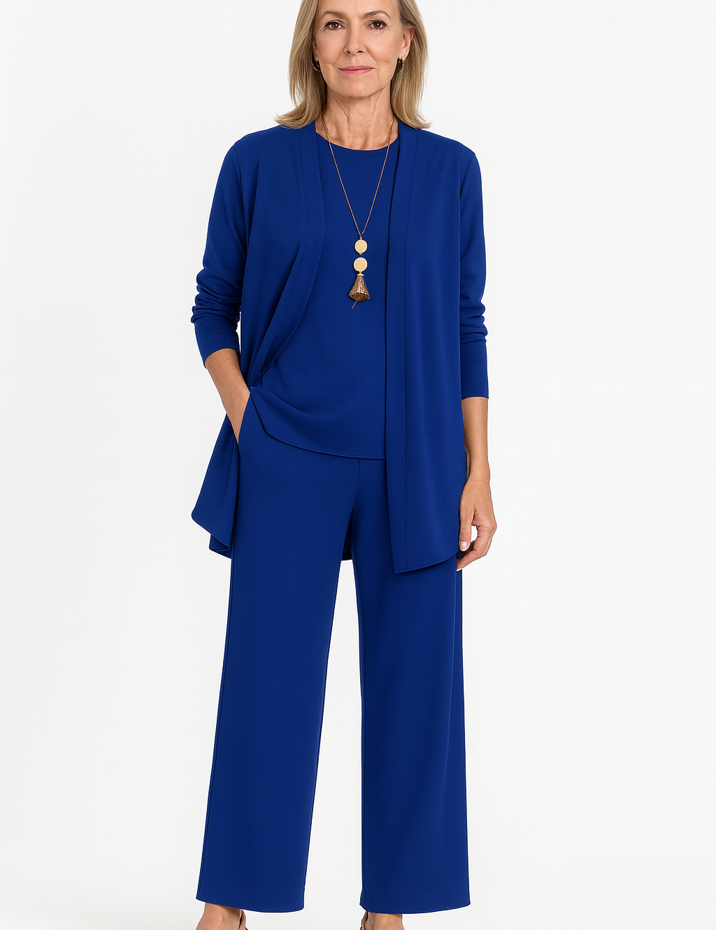 Elspeth Vaurien | Women's 3-Piece Cardigan Tank & Wide-Leg Pants Set in Slate Grey