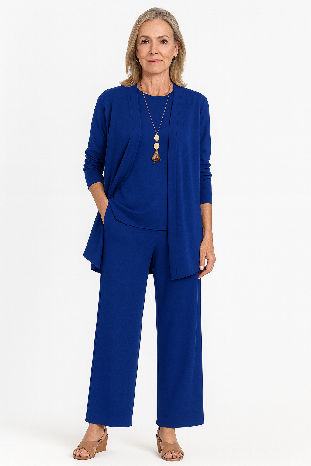 Elspeth Vaurien | Women's 3-Piece Cardigan Tank & Wide-Leg Pants Set in Slate Grey