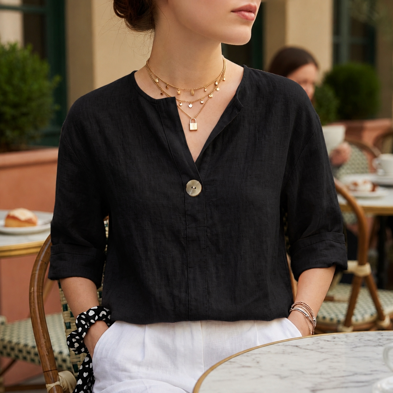 Penelope Hall | V-Neck Casual Linen Blouse in Natural Beige