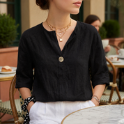 Penelope Hall | V-Neck Casual Linen Blouse in Natural Beige