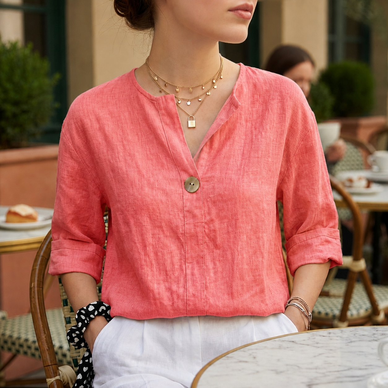 Penelope Hall | V-Neck Casual Linen Blouse in Natural Beige