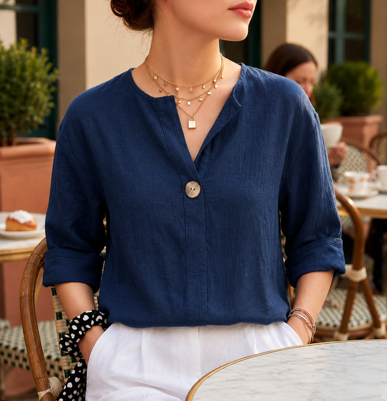 Penelope Hall | V-Neck Casual Linen Blouse in Natural Beige