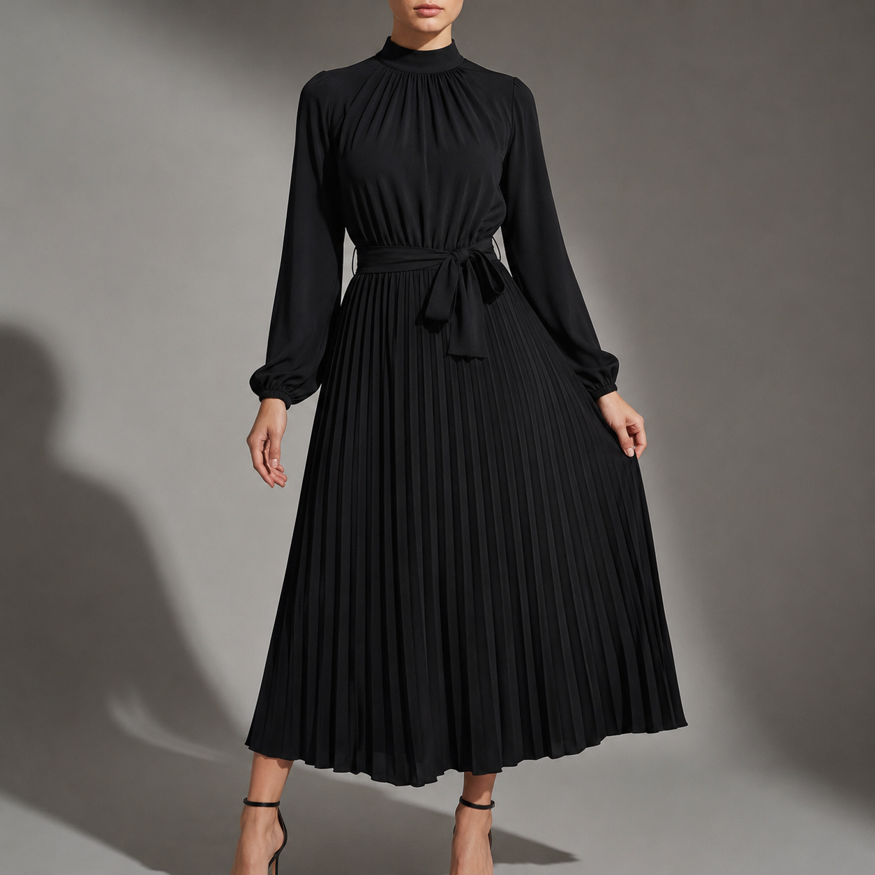 Emmeline Varcourt | Plissé Belted High-Neck Pleated Midi Dress For Women