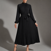 Emmeline Varcourt | Plissé Belted High-Neck Pleated Midi Dress For Women