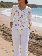 Layla Mitchell | Floral Linen Blouse with 3/4 Sleeves in Mint Blue