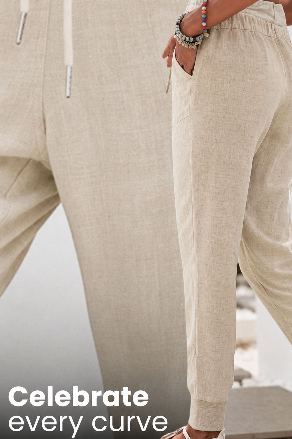 Seraphina Wentford | Beige Linen Drawstring Jogger Pants with Elastic Ankle Cuffs