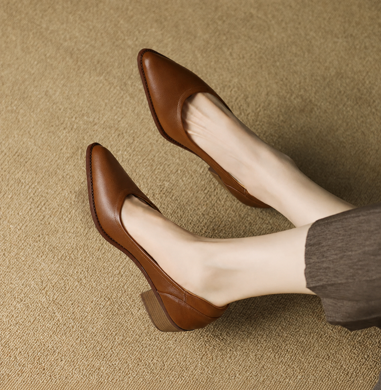 Marianne Delcourt | Beige Pointed Toe Block Heel Slip-On Pumps