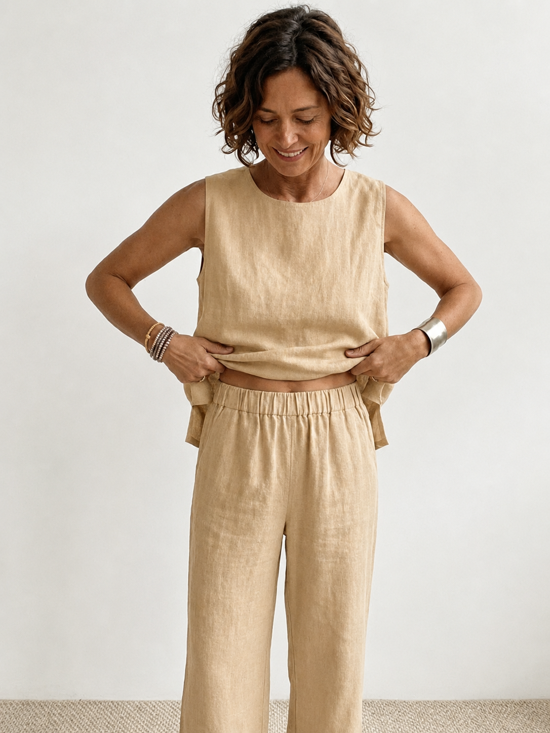 Célestine Hargrove | Olive Green Linen-Look Sleeveless Tank & Wide-Leg Pants Set