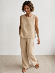 Célestine Hargrove | Olive Green Linen-Look Sleeveless Tank & Wide-Leg Pants Set