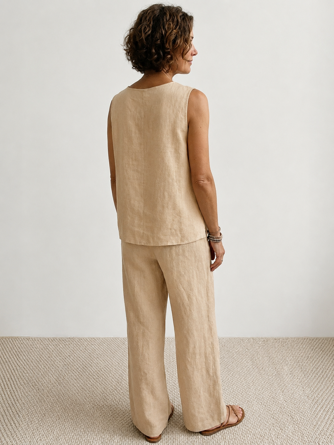 Célestine Hargrove | Olive Green Linen-Look Sleeveless Tank & Wide-Leg Pants Set