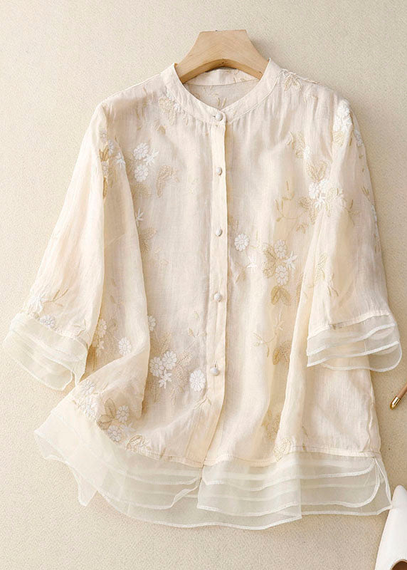 Florentine Wycliffe | Sage Green Floral Embroidered Blouse with 3/4 Sleeves