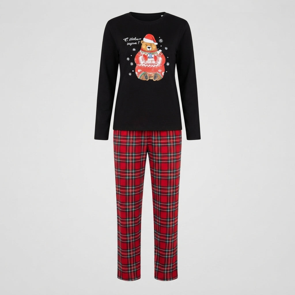 Cozy Cheer | Black Santa Bear Print Christmas Pyjamas For Women