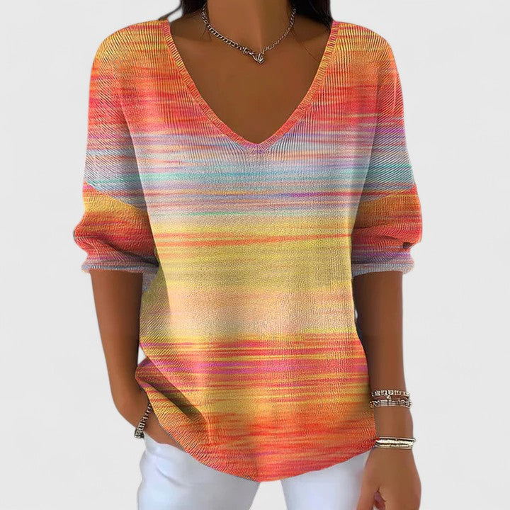 Lucienne Beauvale | Rainbow Striped V-Neck Long Sleeve Top