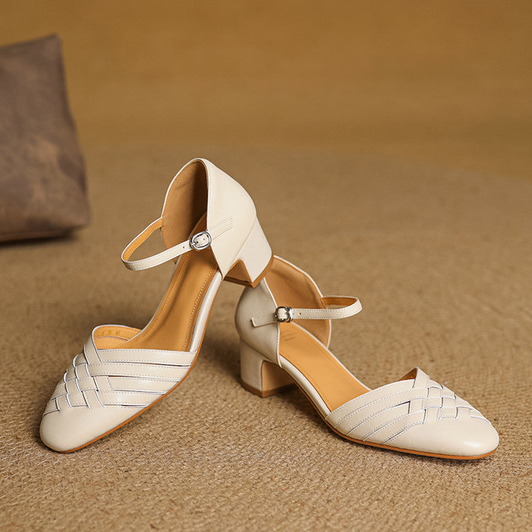 Emmanuelle Davoust | Woven Genuine Leather Block Heel Pumps
