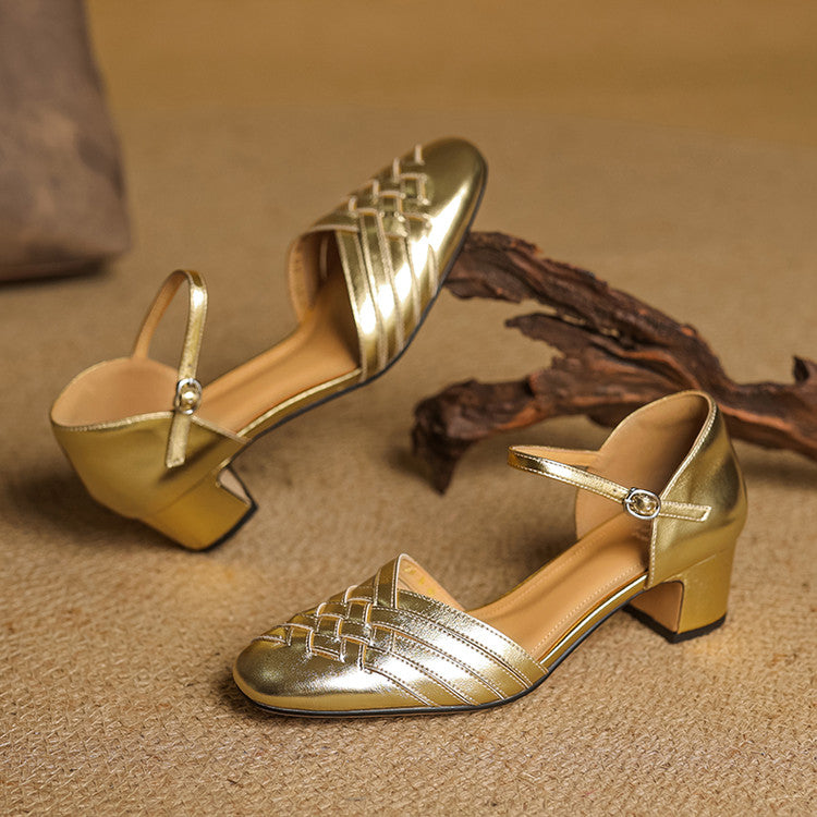 Emmanuelle Davoust | Woven Genuine Leather Block Heel Pumps