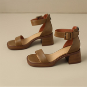 Emmeline Stanhope | Cream Block Heel Ankle Strap Sandals
