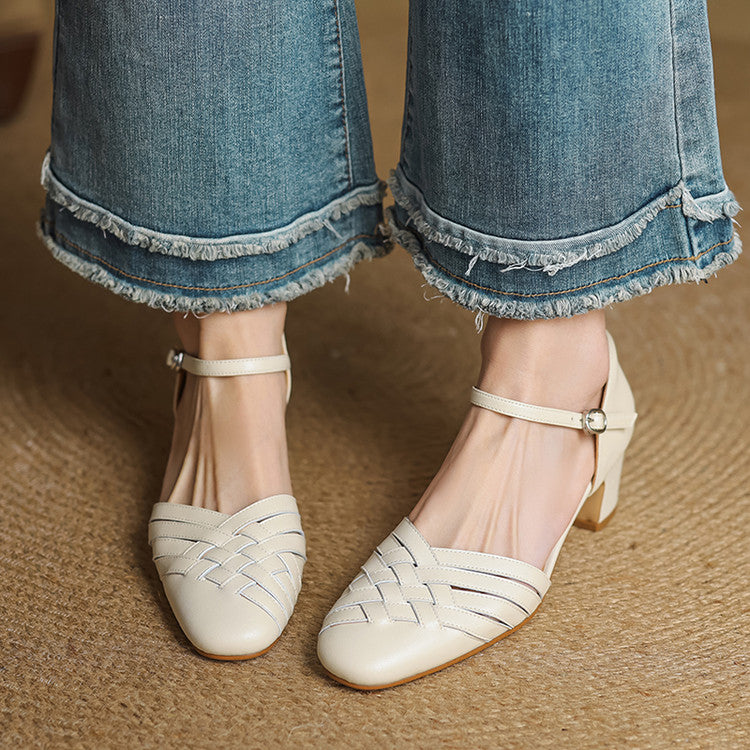 Emmanuelle Davoust | Woven Genuine Leather Block Heel Pumps