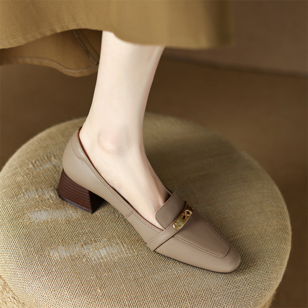 Thérèse Villeneuve | Brown Genuine Leather Low Block Heel Loafers