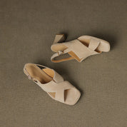 Elspeth Cavendish | Suede Cross-Strap Block Heel Sandals