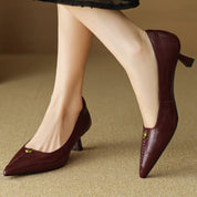 Violette Sanscourt | Burgundy Leather Pointed-Toe Heels with Gold Rose Detail