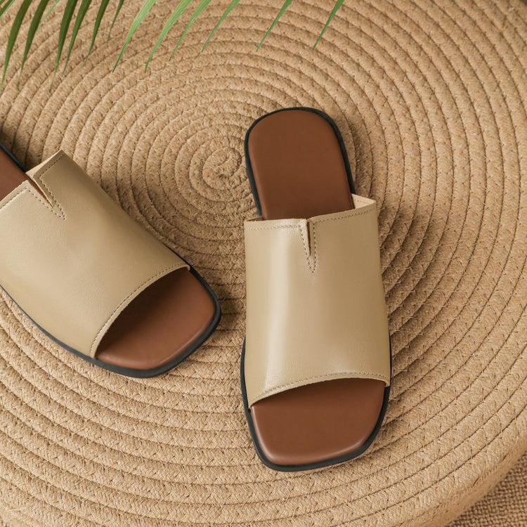 Margolaine Dubreuil | Black Faux Leather Flat Slide Sandals