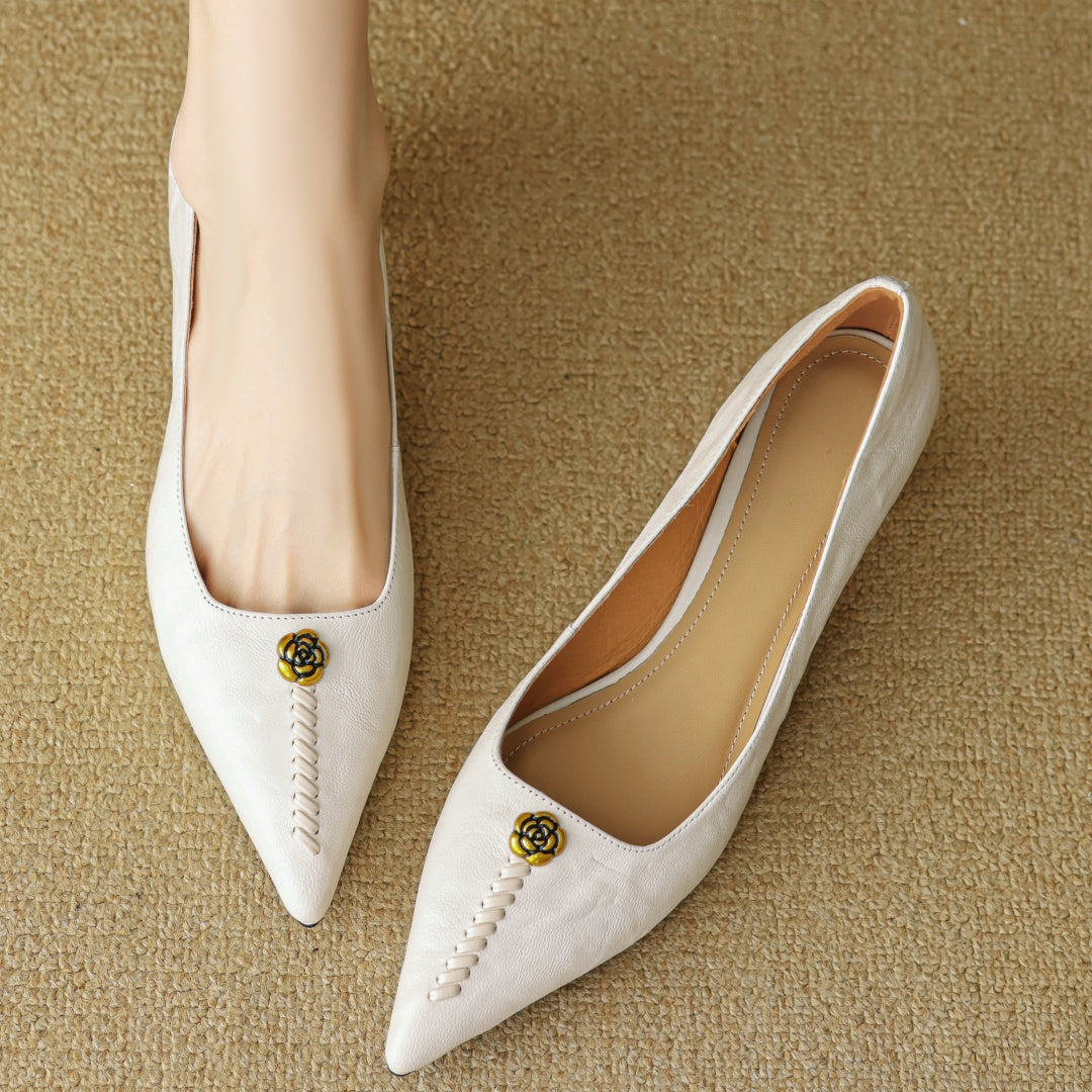 Violette Sanscourt | Burgundy Leather Pointed-Toe Heels with Gold Rose Detail