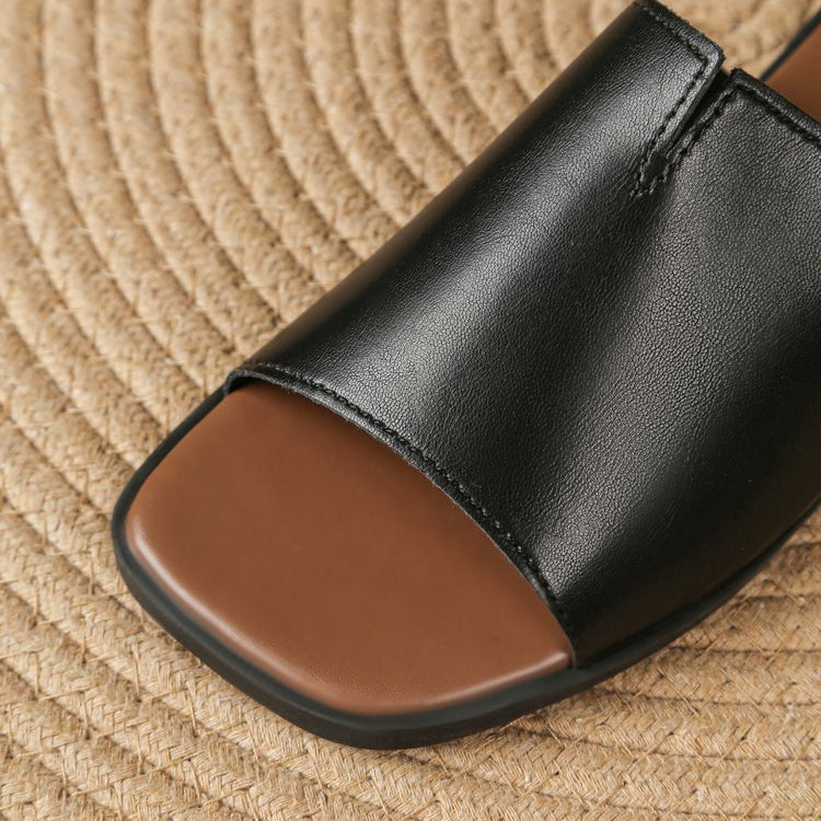 Margolaine Dubreuil | Black Faux Leather Flat Slide Sandals