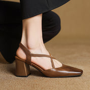Aurelie Blackmore | Tan Leather Block Heel Slingback Sandal