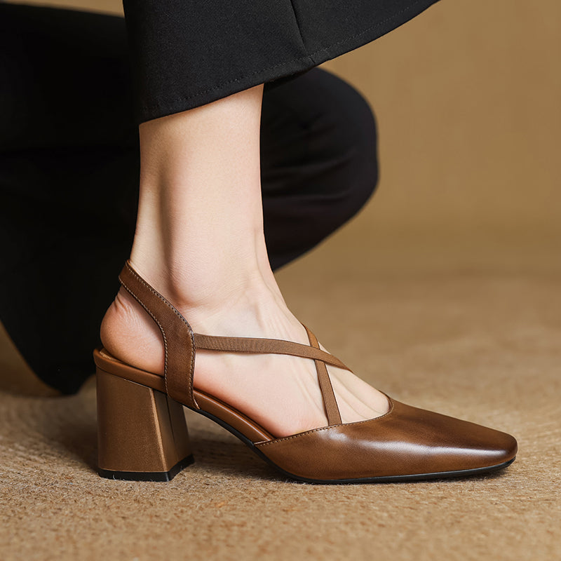 Aurelie Blackmore | Tan Leather Block Heel Slingback Sandal