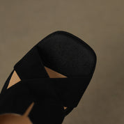 Elspeth Cavendish | Suede Cross-Strap Block Heel Sandals