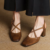 Aurelie Blackmore | Tan Leather Block Heel Slingback Sandal