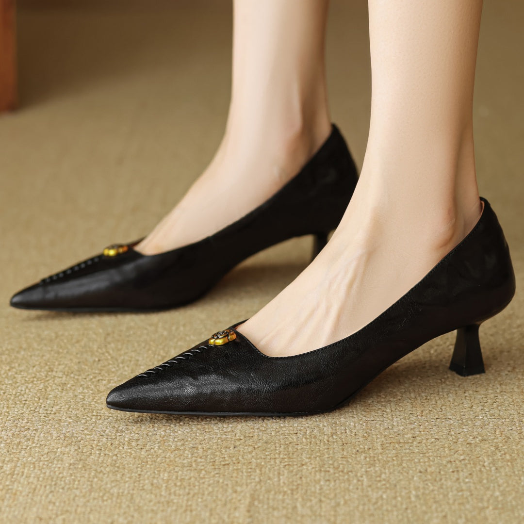 Violette Sanscourt | Burgundy Leather Pointed-Toe Heels with Gold Rose Detail