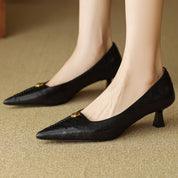 Violette Sanscourt | Burgundy Leather Pointed-Toe Heels with Gold Rose Detail