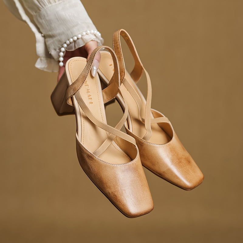 Aurelie Blackmore | Tan Leather Block Heel Slingback Sandal