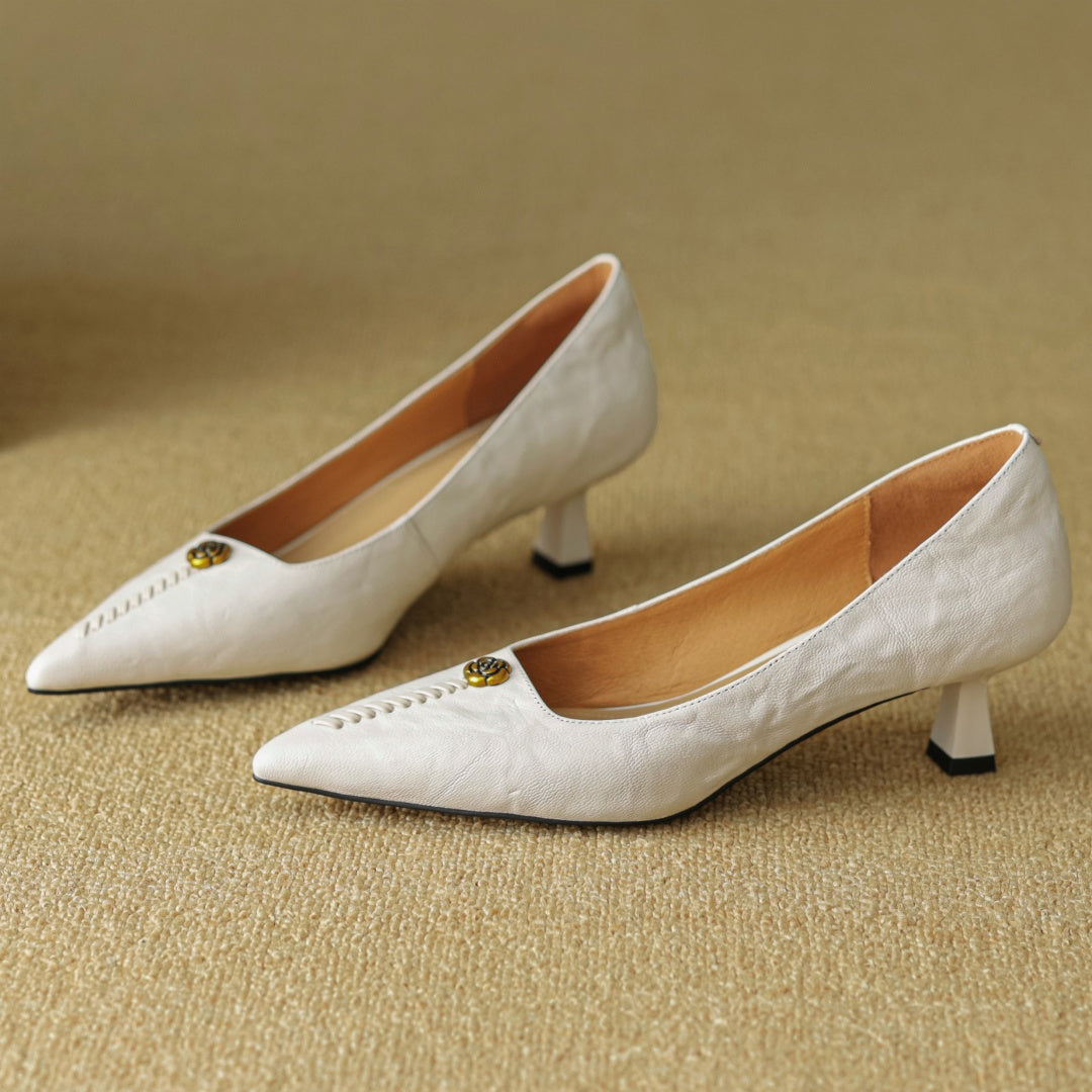 Violette Sanscourt | Burgundy Leather Pointed-Toe Heels with Gold Rose Detail