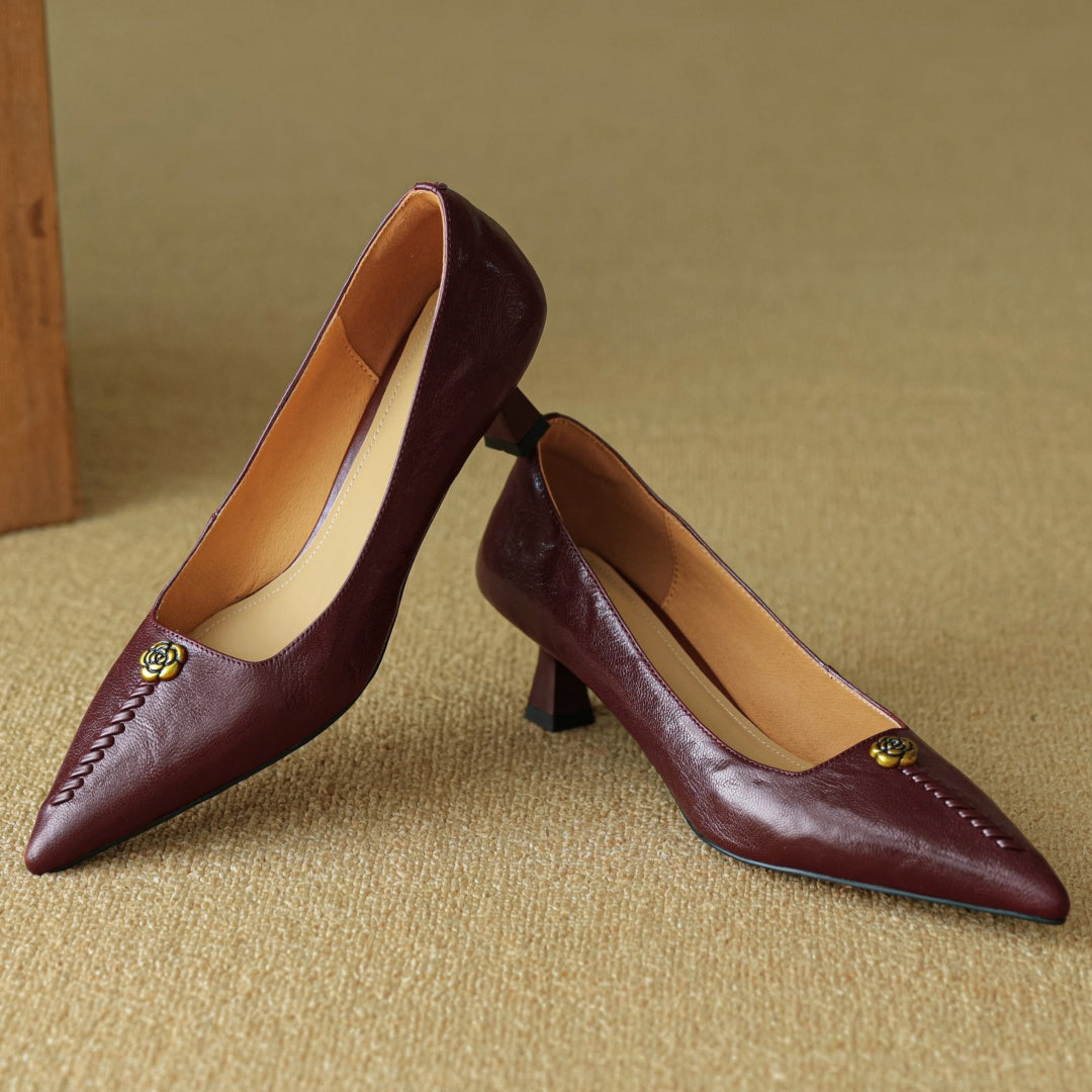 Violette Sanscourt | Burgundy Leather Pointed-Toe Heels with Gold Rose Detail