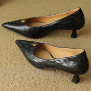 Violette Sanscourt | Burgundy Leather Pointed-Toe Heels with Gold Rose Detail