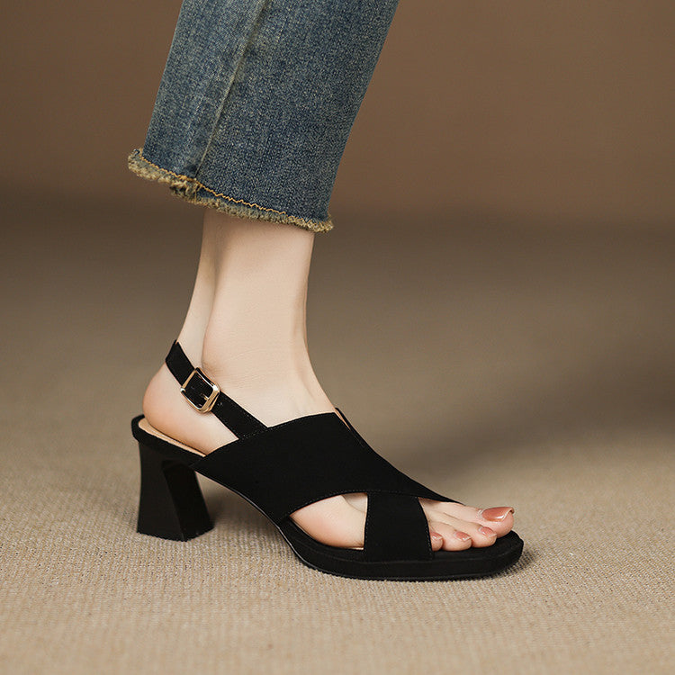 Elspeth Cavendish | Suede Cross-Strap Block Heel Sandals