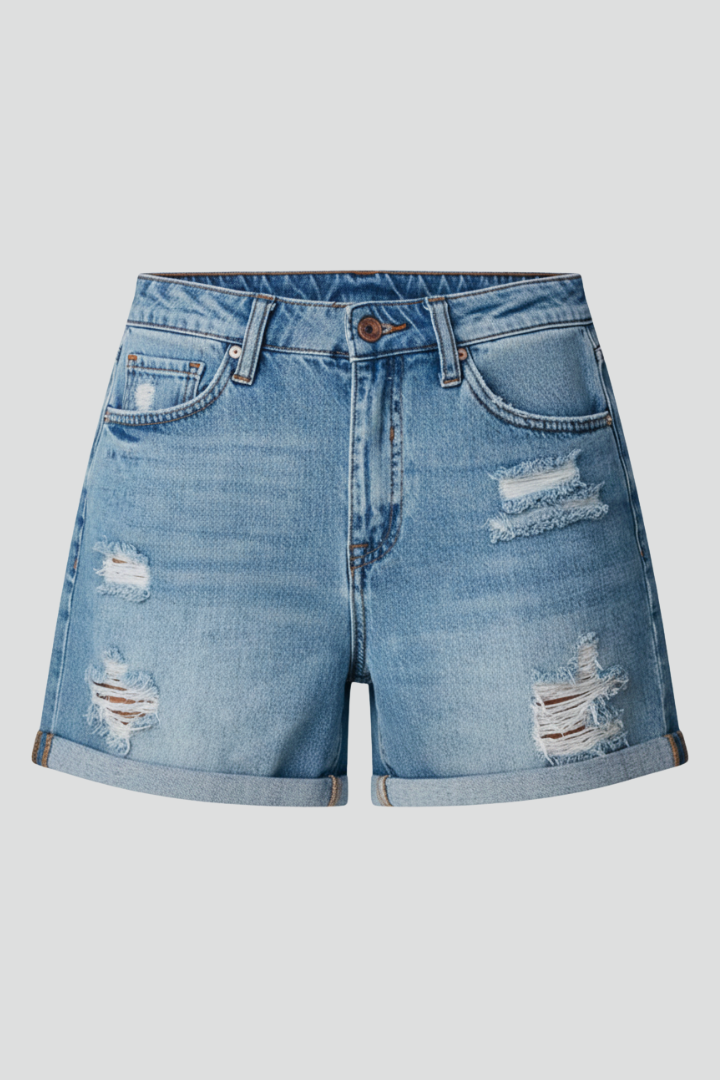 Natalie Forsbrook | High-Rise Distressed Denim Shorts in Light Blue