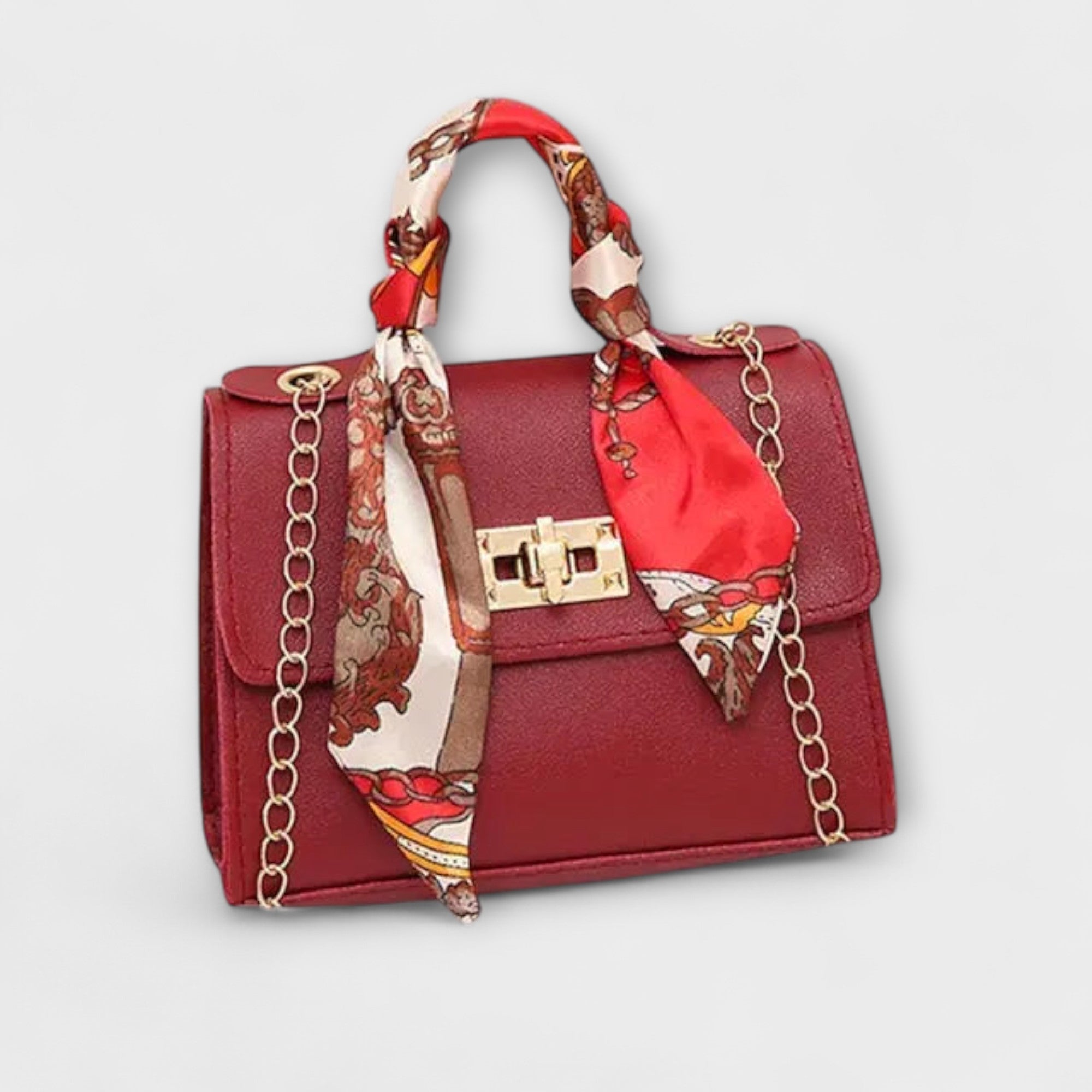Juliette Moreau | Black Structured Handbag with Scarf Handle & Gold Chain
