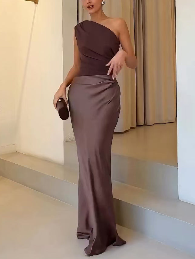Vivienne Caldecourt | Brown One-Shoulder Pleated Satin Maxi Dress