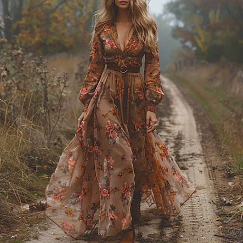 Alessandrina Voclaire | Bohemian Floral Embroidered Maxi Dress in Forest Green