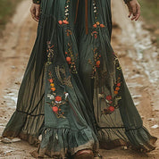 Alessandrina Voclaire | Bohemian Floral Embroidered Maxi Dress in Forest Green
