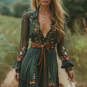 Alessandrina Voclaire | Bohemian Floral Embroidered Maxi Dress in Forest Green