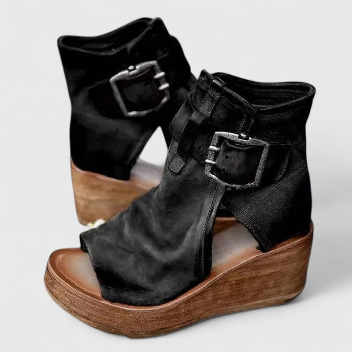 Rosalind Velthorpe | Brown Leather Wedge Buckle Boots
