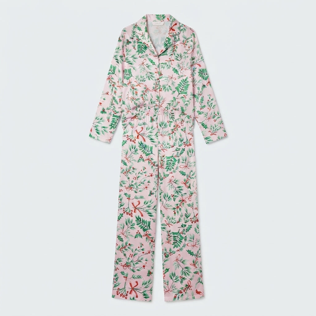 Fireside Glow | Pink Holly Print Christmas Pyjamas For Women