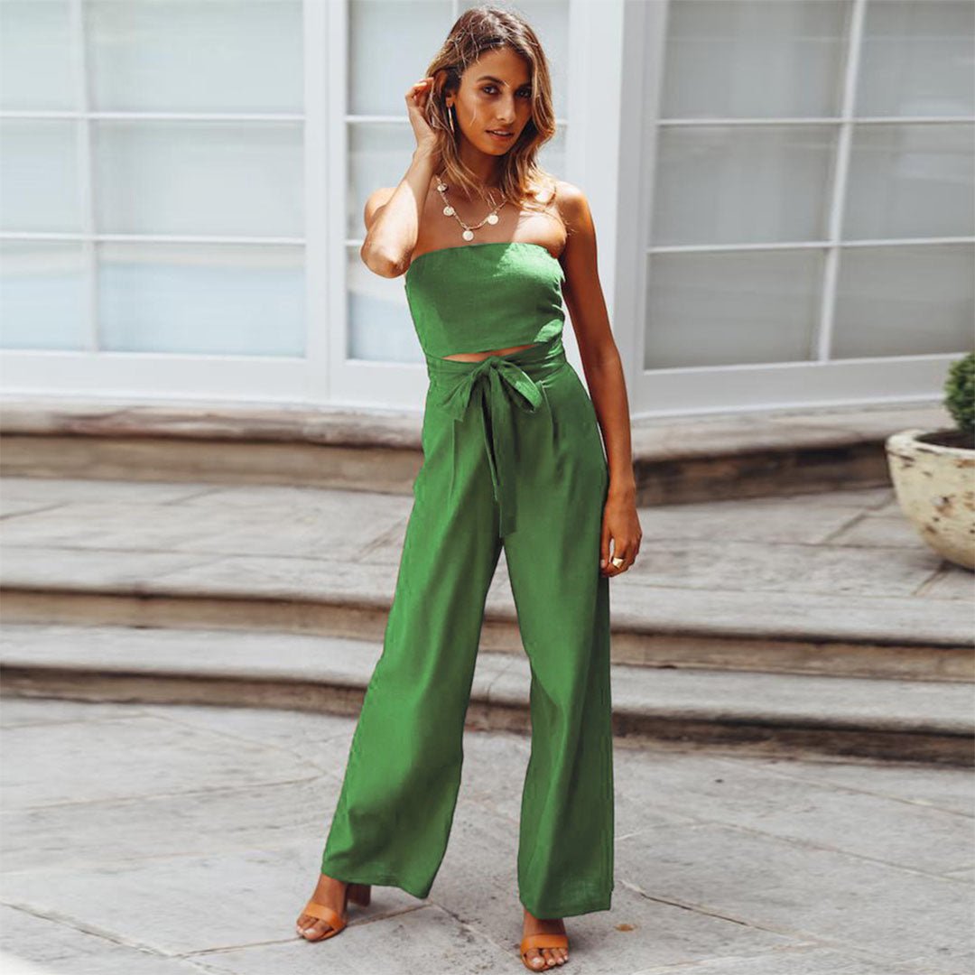 Allegra Vossbourne | Strapless Tie Waist Wide Leg Jumpsuit in Beige