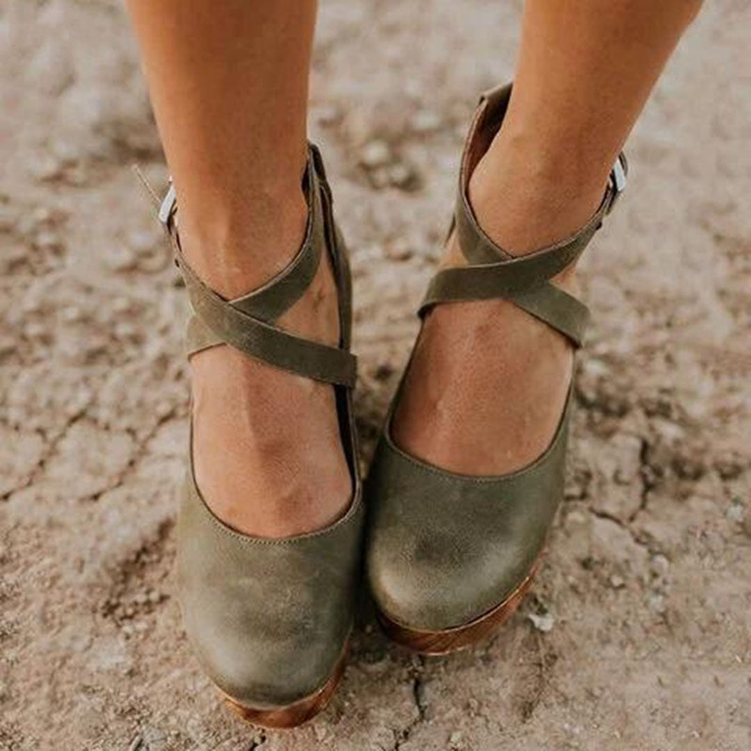 Celestine Harlow | Black Closed-Toe Wedge Heels with Ankle Strap
