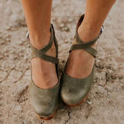 Celestine Harlow | Black Closed-Toe Wedge Heels with Ankle Strap
