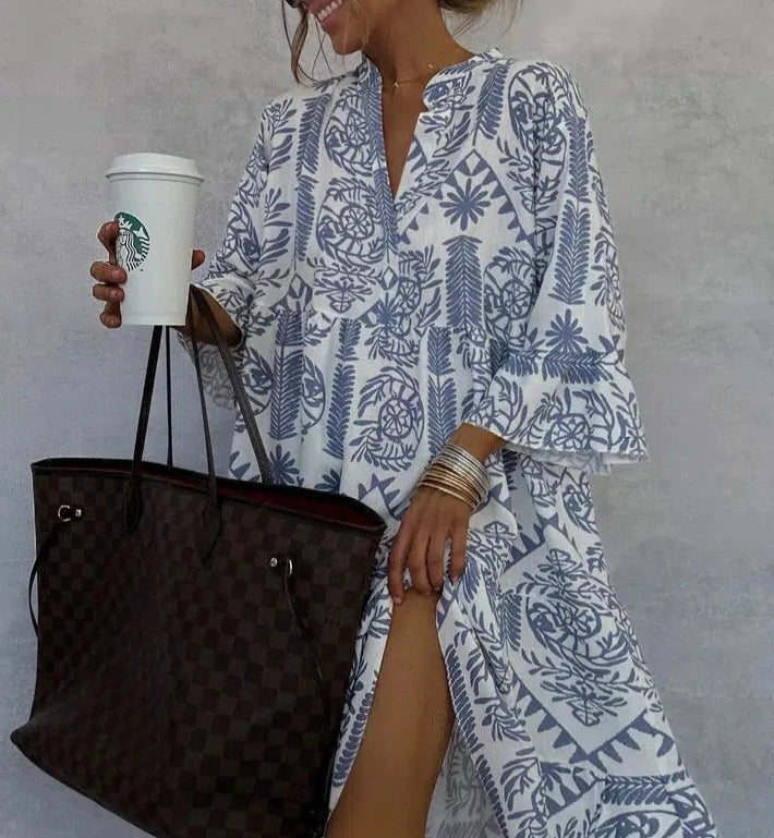 Florianne Beaumont | Blue & White Boho Print V-Neck Swing Dress